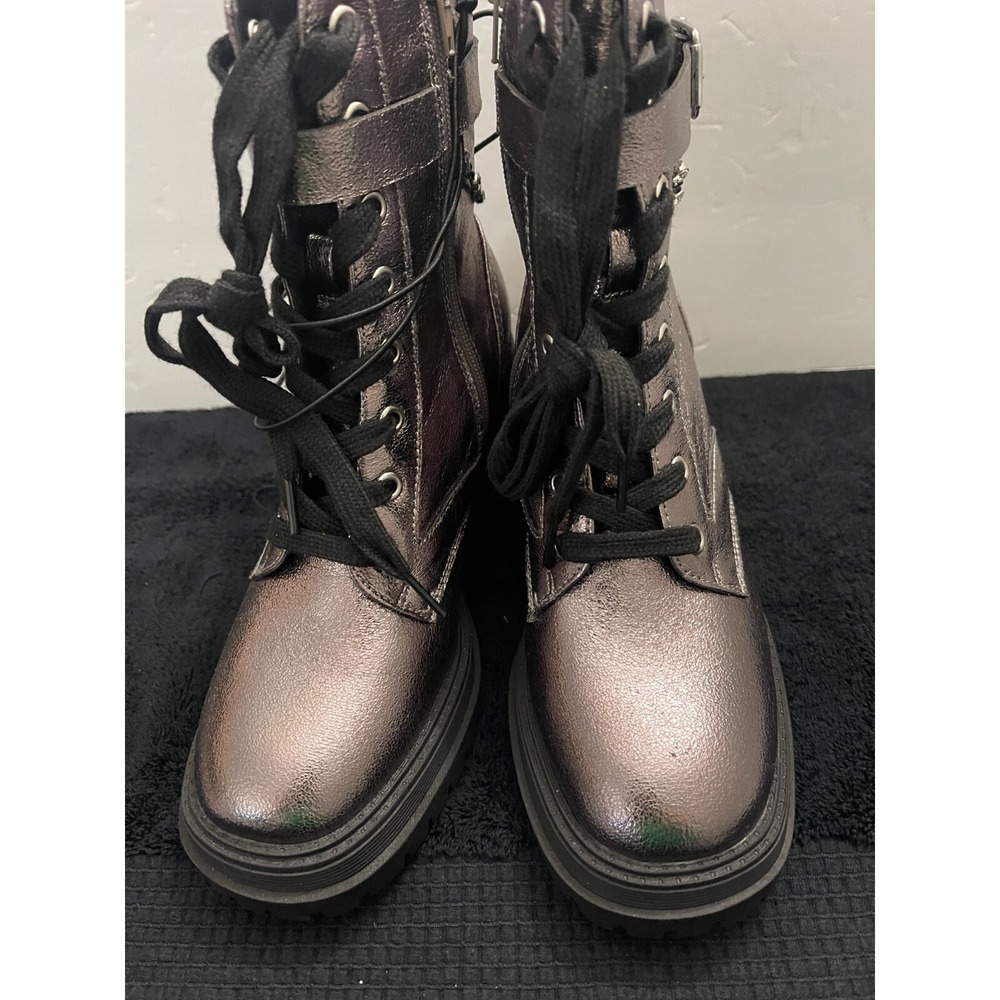 POP Yeardly Metallic Pewter Combat Boots Rhinestone Chain Lug Sole 6.5M New - Picture 4 of 8